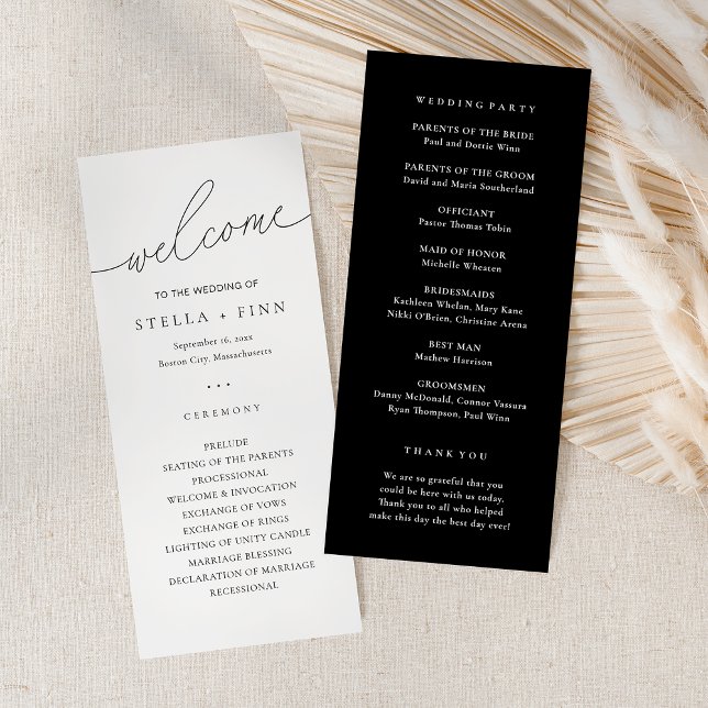 Modern svart-vit bröllopsprogram med script (Modern Elegant Script Black & Whit Wedding Program)