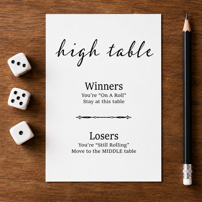 Modern svart vit Bunco hög bordskort (Add a stylish touch to game night with this modern script black and white Bunco High Table card.)