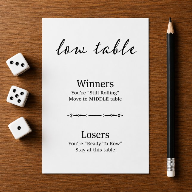 Modern svart vit Bunco låg bordskort (Low Table Card:
Modern script black and white Bunco Low Table card.)
