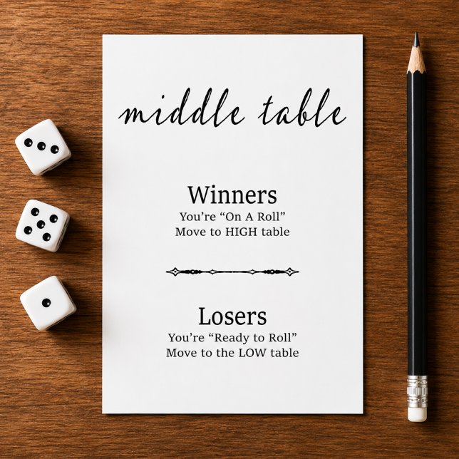 Modern svart vit Bunco mittersta bordskort (Modern script black and white Bunco Middle Table card, a stylish dice night sign for party decor.)