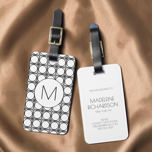 Modern svart-vit flätad monogram-mönster bagagebricka (Modern Black and White Rattan Pattern Monogram Luggage Tag)