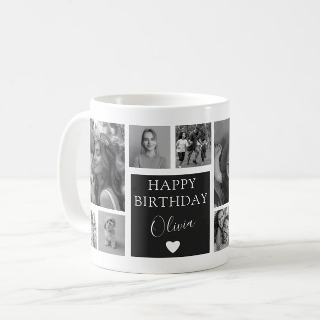 Modern svart-vit födelsedagspresent med 11 foton kaffemugg (Framsida vänster)