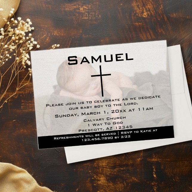 Modern svart-vit fotobarn dedikation inbjudningar (Modern Black White Photo Baby Dedication Invitations)