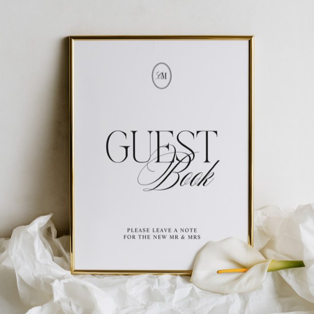 Modern svart & vit gästbok vigselskylt (Modern Black & White Guest Book Wedding Sign)