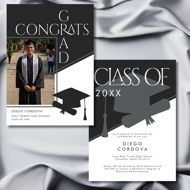 Modern svart-vit geometrisk fototexter för examen (Modern Black White Geometric Photo Graduation Announcement)