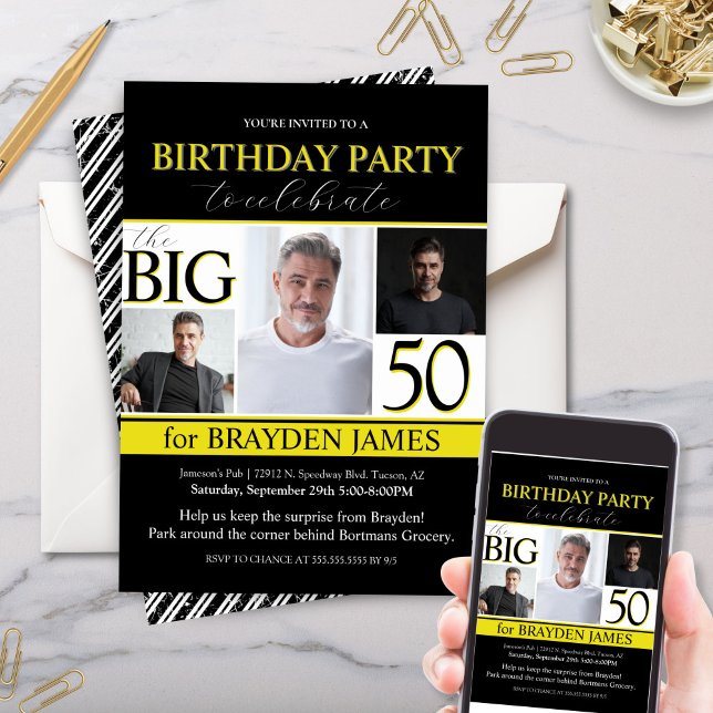 Modern svart vit Guld 50:e födelsedagsinbjudan Inbjudningar (Elegant black and white with yellow accents photo collage birthday party invitation for 50th 60th)
