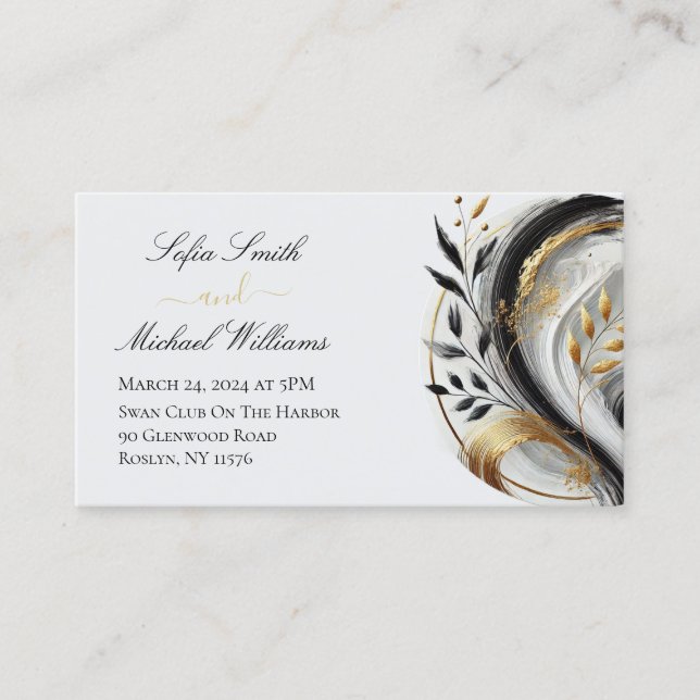 Modern Svart Vit Guld Bröllopsbotanisk- Visitkort (Framsida)