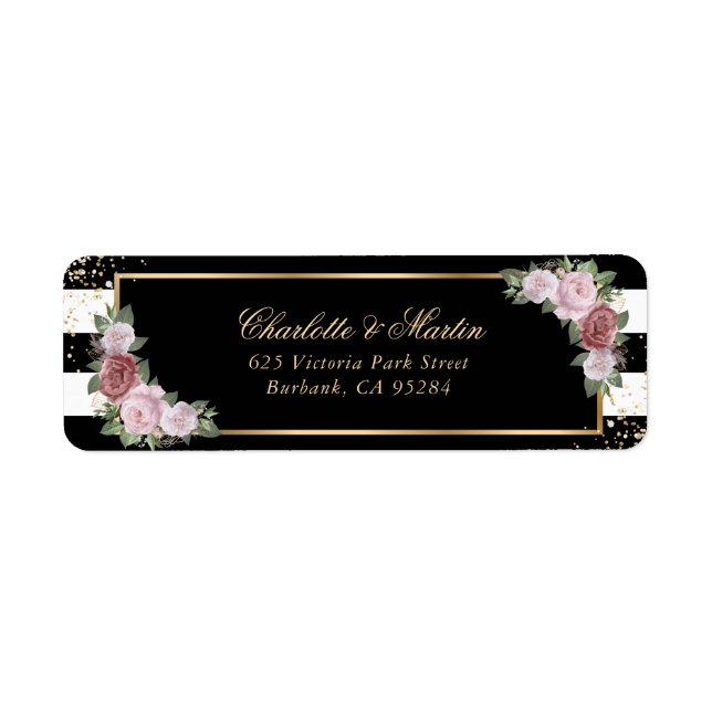 Modern svart vit guld konfetti rosablom rosa ros returadress etikett (Framsidan)