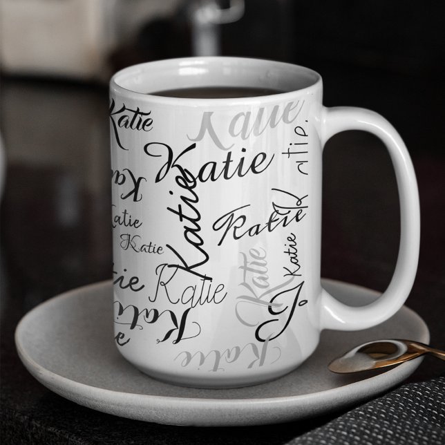 Modern svart vit handskriven namn mugg (stylish pattern)