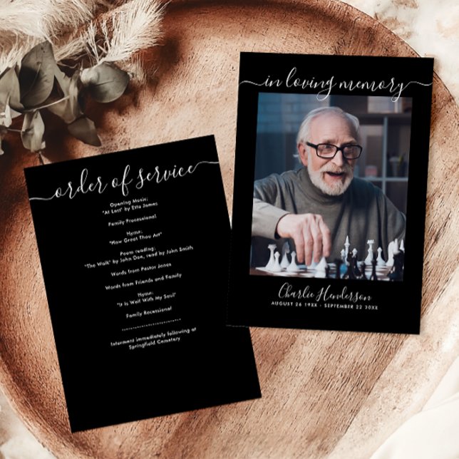 Modern svart & vit handskriven skrift Funeral Program (Skapare uppladdad)
