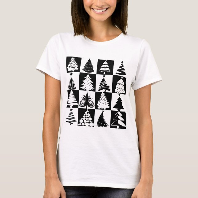 Modern svart-vit julgransmönster t-shirt (Framsida)