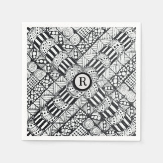 Modern svart-vit klotterpinwheel och monogram pappersservett