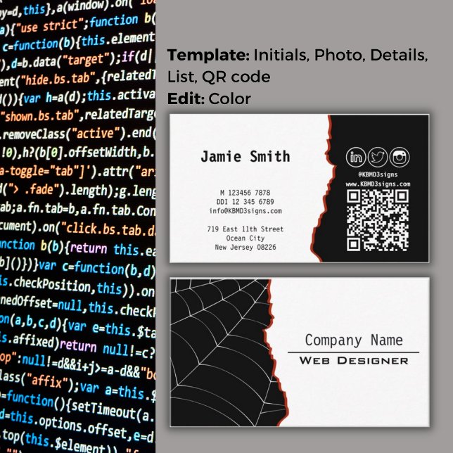 Modern Svart & Vit Landskaps Webbdesigner Visitkort (Modern Black & White Landscape Web Designer Business Card, QR code, social icons)