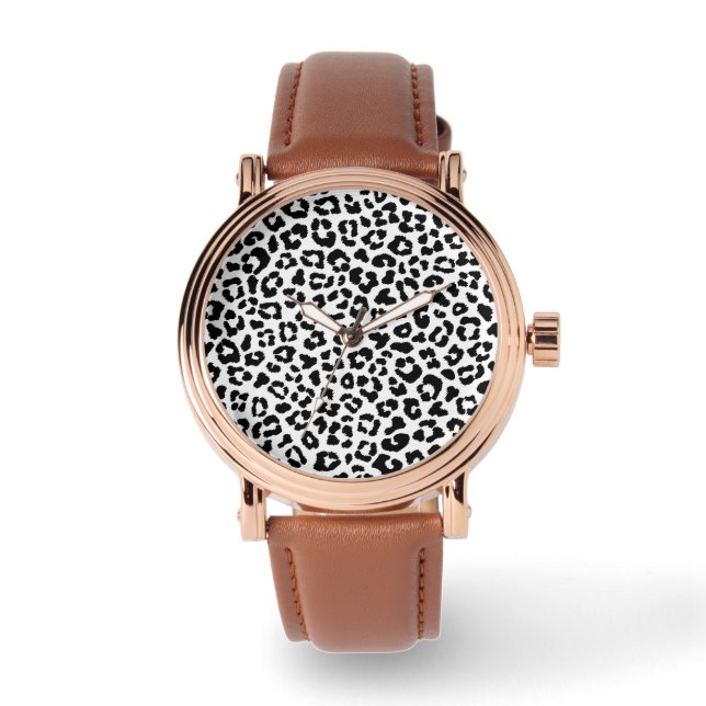 Modern, svart vit leopardskinns bakgrundsurklocka armbandsur (Framsida)
