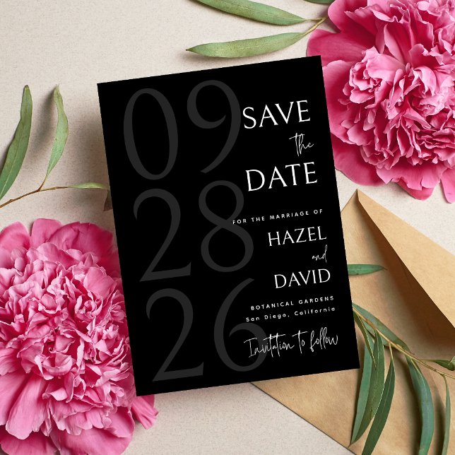Modern svart-vit minimalistisk bröllopsfest spara datumet (Modern black and white minimalist save the date announces your wedding with sleek elegance.)