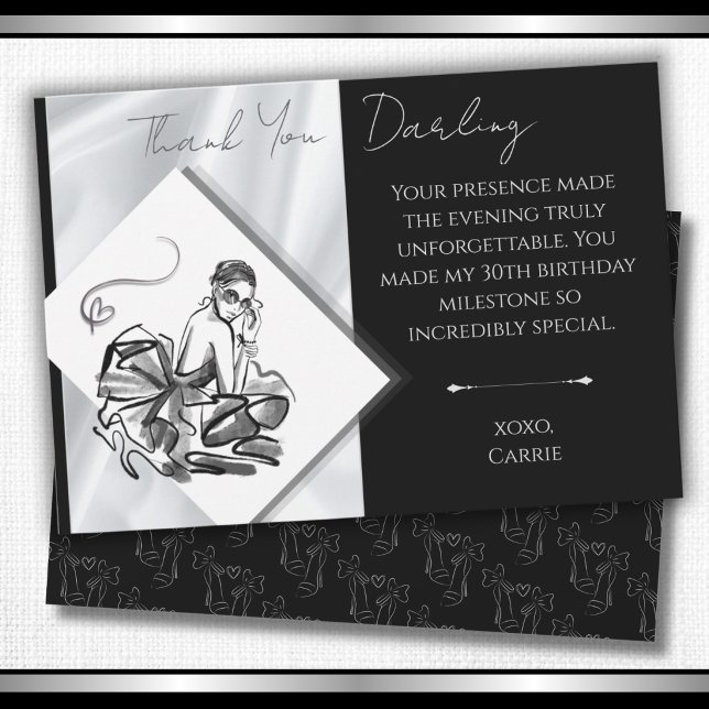 Modern svart-vit mode 30-års tackkort tack kort (Modern black & white fashion sketch thank you cards for a 30th birthday gala.)