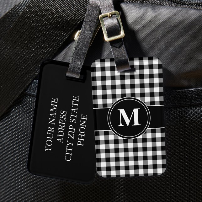 Modern svart-vit monogram bagagebricka (Monogram Black & White Gingham Checks Pattern Luggage Tag)