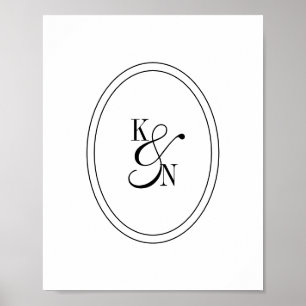 Modern svart-vit monogram initial bröllopspar poster