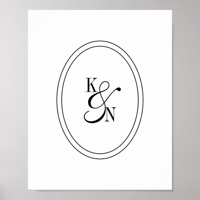 Modern svart-vit monogram initial bröllopspar poster (Framsidan)