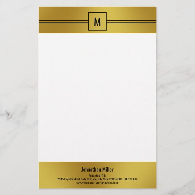 Modern svart vit och Guld Monogram-mall Brevpapper (Framsida)