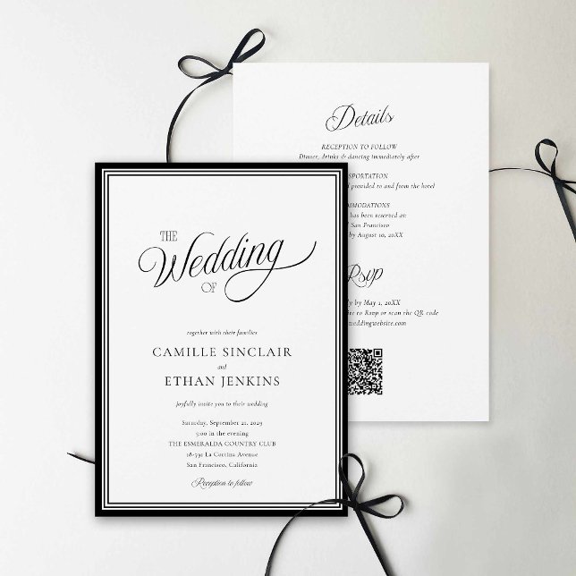 Modern svart-vit QR-kod allt-i-ett-inbjudan Inbjudningar (Modern Black and White QR Code Wedding Invite)