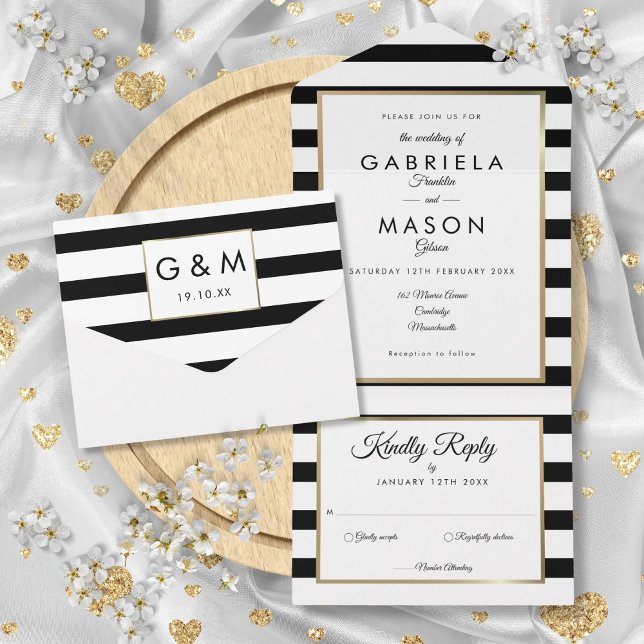 Modern svart-vit randig guldbröllop (Modern Black And White Stripe Gold Wedding All In One Invitation)
