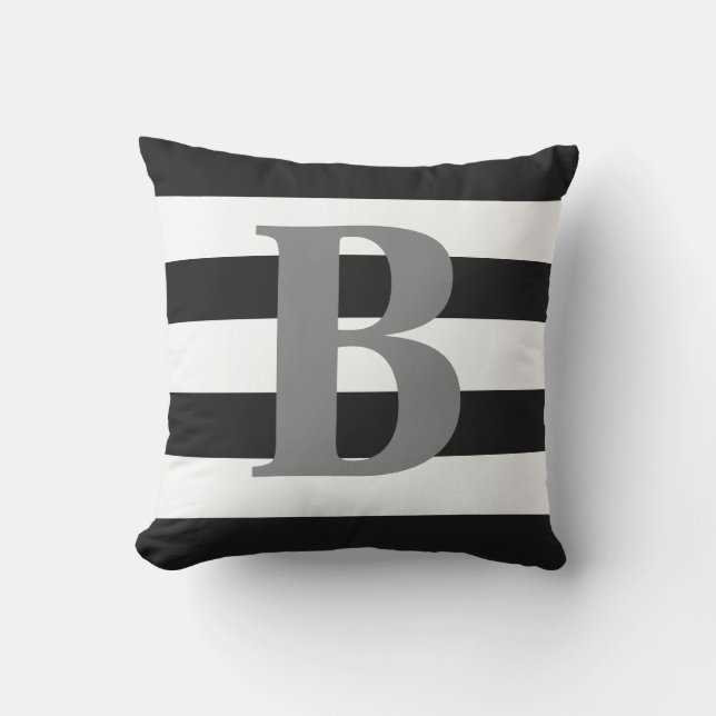 Modern svart-vit randig mönster grå monogram kudde (Framsida)