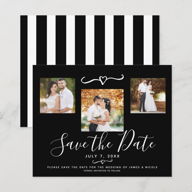 Modern svart-vit-randiga foto spara datumet (Fram/baksida)