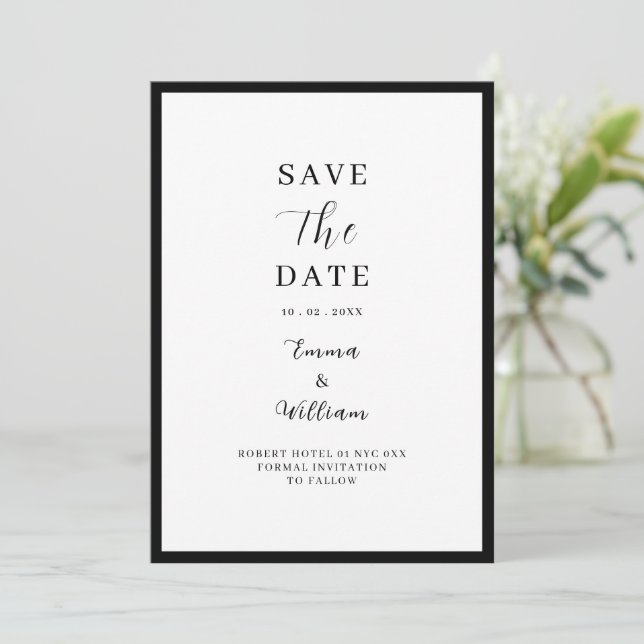 Modern svart-vit redaktionell Save the Date Inbjudningar (Stående Fram)