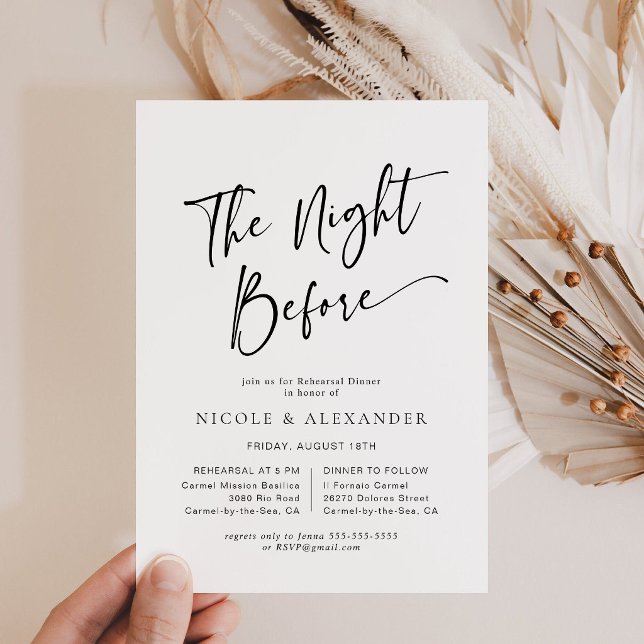 Modern svart-vit repetitionsmiddagsinbjudan spara datumet (Modern Black and White The Night Before Rehearsal Dinner Invitation)