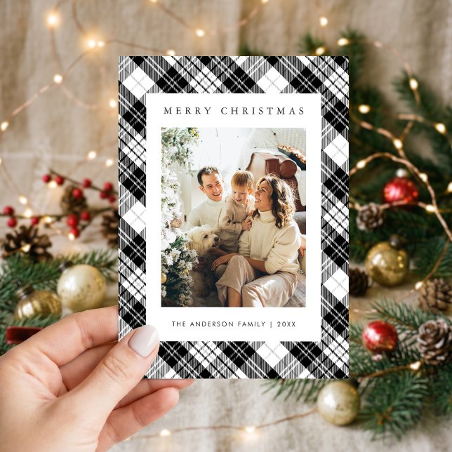 Modern svart-vit rutig familjefoto jul julkort (Skapare uppladdad)