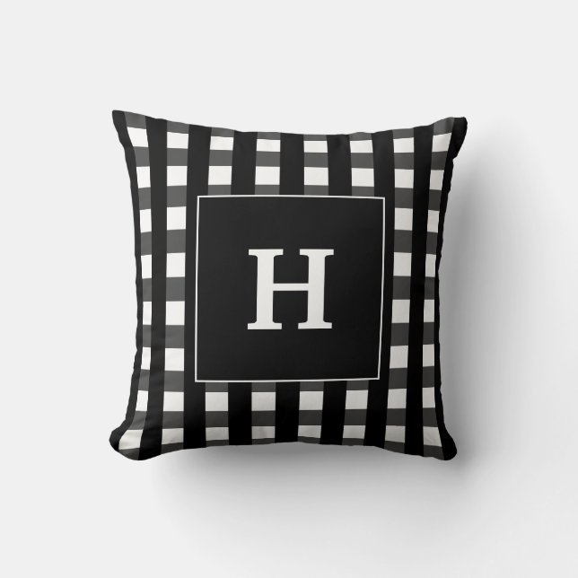 Modern svart-vit rutig monogram kudde (Framsida)