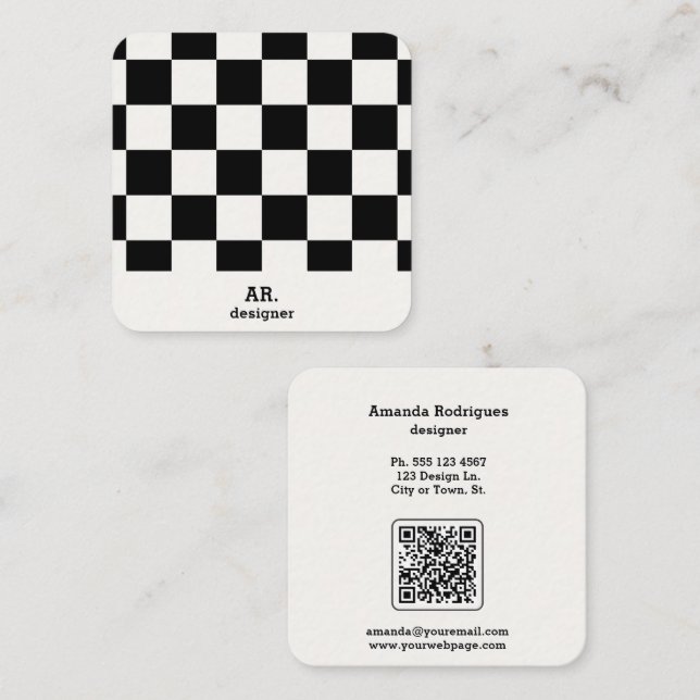 Modern svart-vit rutig QR-kod Fyrkantigt Visitkort (Fram/baksida)