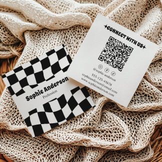 Modern svart-vit rutig QR-kod Fyrkantigt Visitkort