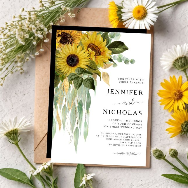 Modern svart-vit solbröllop    inbjudningar (Modern Black And White Sunflower Wedding Invitation)