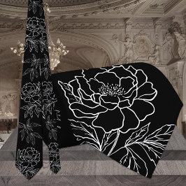 Modern Svart & Vit Trädgårds Peony Bröllop Slips
