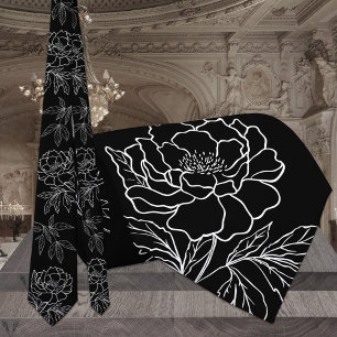 Modern Svart & Vit Trädgårds Peony Bröllop Slips