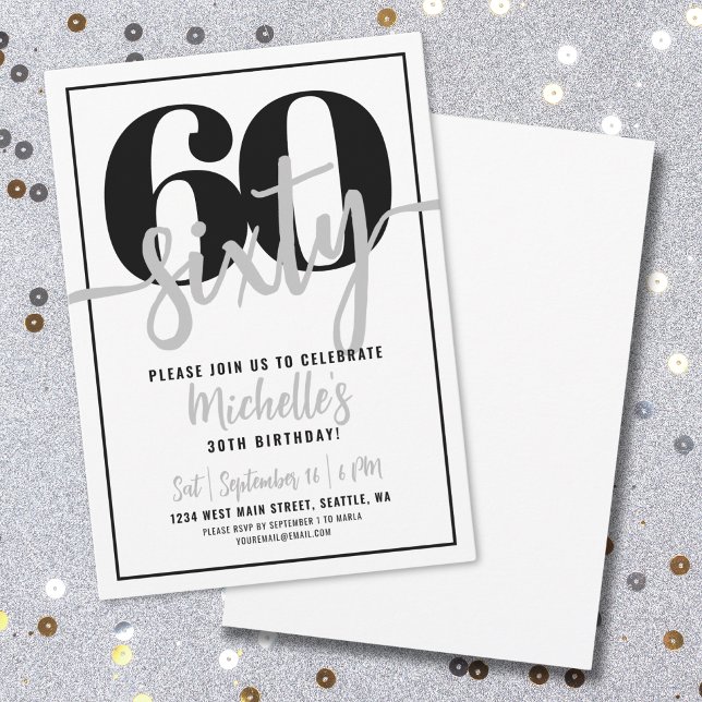 Modern svart vit typografi 60:e Födelsedagsfesten Inbjudningar (Modern Black White Typography 60th Birthday Party Invitation)