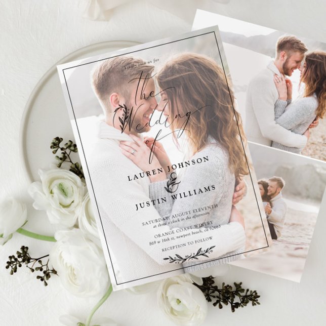 Modern svart, vitt, botaniskt skript Vellum 3, fot Inbjudningar (Skapare uppladdad)