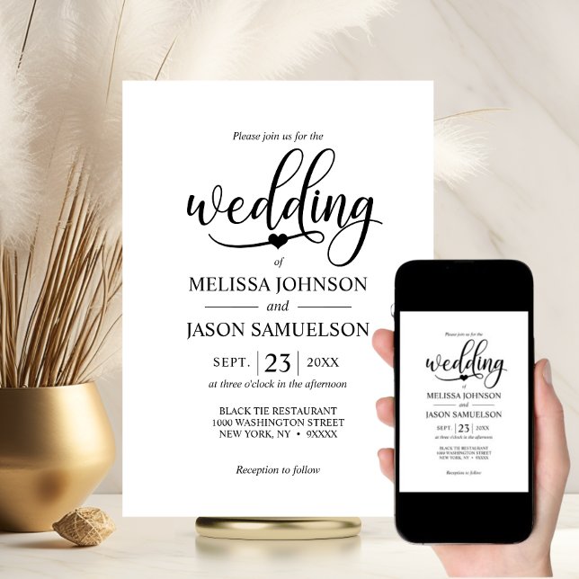 Modern Svart Vitt Bröllop Hjarta | DIGITAL Inbjudningar (Modern Black White Wedding Heart  DIGITAL Invitation | DOWLOADABLE Download)