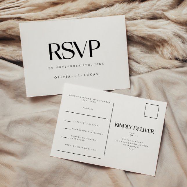 Modern Svart & Vitt Bröllop RSVP Vykort (Skapare uppladdad)