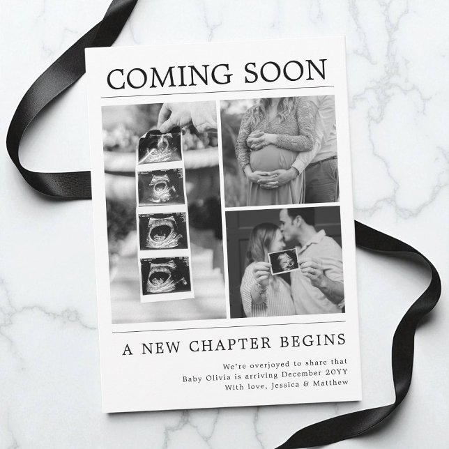 Modern Svart Vitt Foto Tidning Graviditet Meddelande (Modern Black and White Photo Newspaper Pregnancy Announcement)