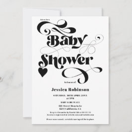Modern svart, vitt hjärtskript, fet babydusch inbjudningar