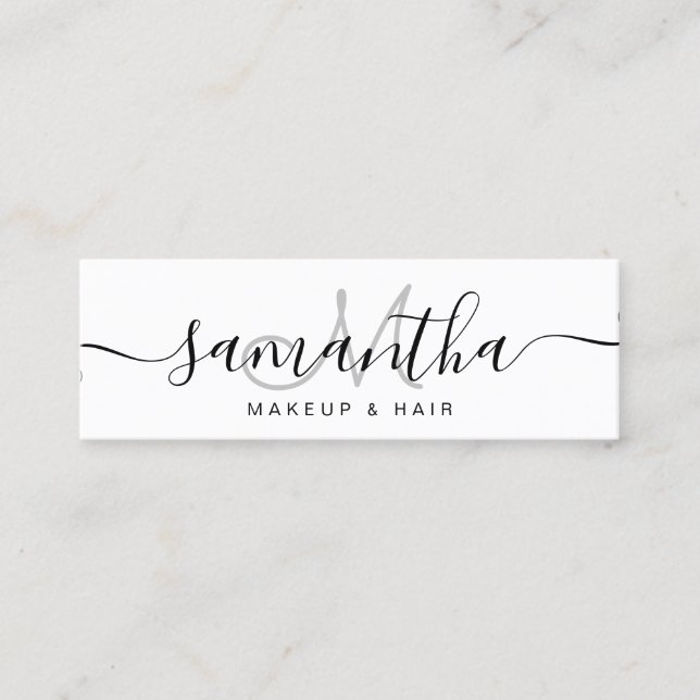 Modern, svart, vitt monogram makeup-hår mini visitkort (Framsida)