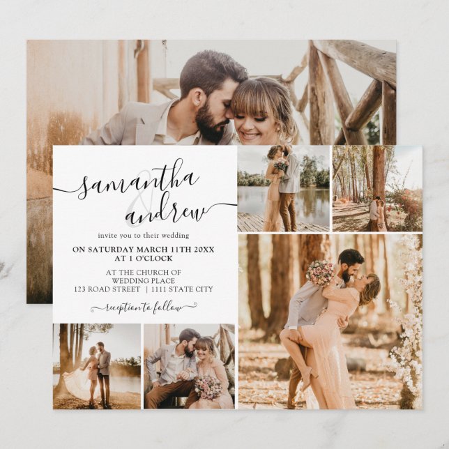 Modern svart, vitt skript 6 foton bröllop inbjudningar (Fram/baksida)