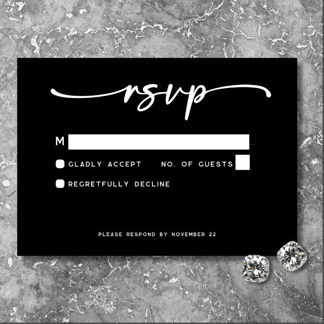 Modern svart, vitt skript, minimalt Bröllop OSA Kort (Modern Black White Script Photo Wedding No Dinner RSVP Card)