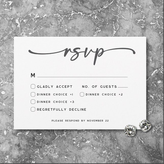 Modern svart, vitt skript, minimalt Bröllop OSA Kort (Modern Black White Script Photo Wedding RSVP Card)