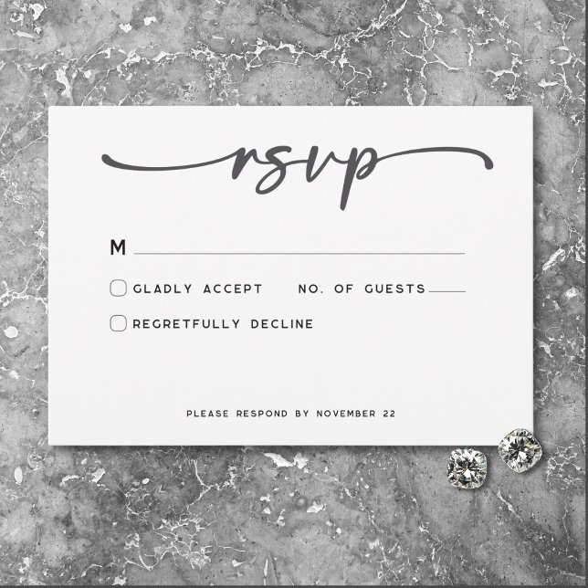 Modern svart, vitt skript, minimalt Bröllop OSA Kort (Modern Black White Script Photo Wedding No Dinner RSVP Card)