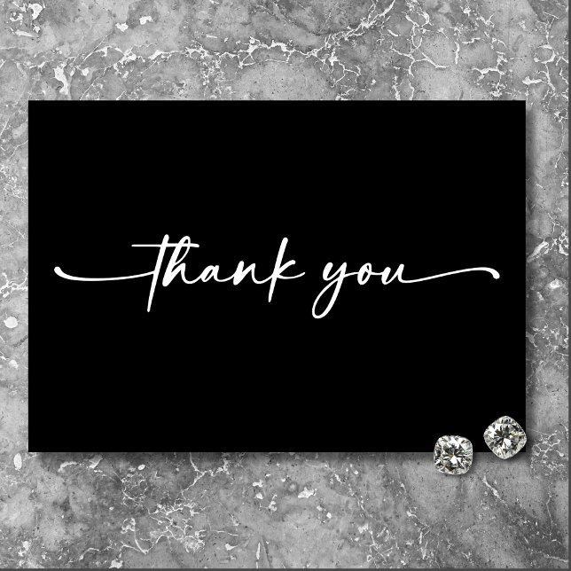 Modern svart, vitt skript, minimalt Bröllop Tack Kort (Modern Black White Script Photo Wedding Thank You Card)