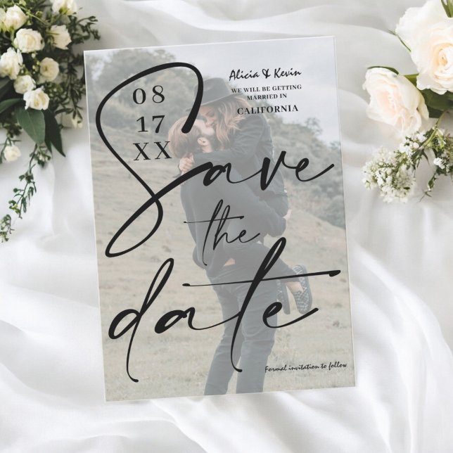 Modern svart, vitt skript sparar datumfoto inbjudningar (Modern black white script save the date photo invitation)